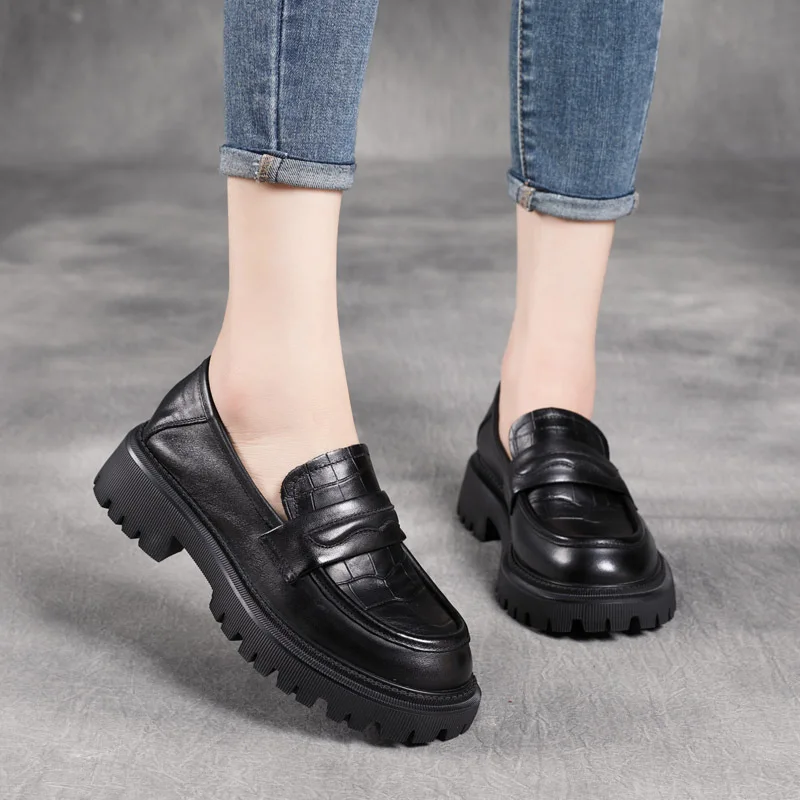 2022 New  Casual Lazybone  First Layer Cowhide round Toe Square Heel Loafers  Large Factory Direct Supply