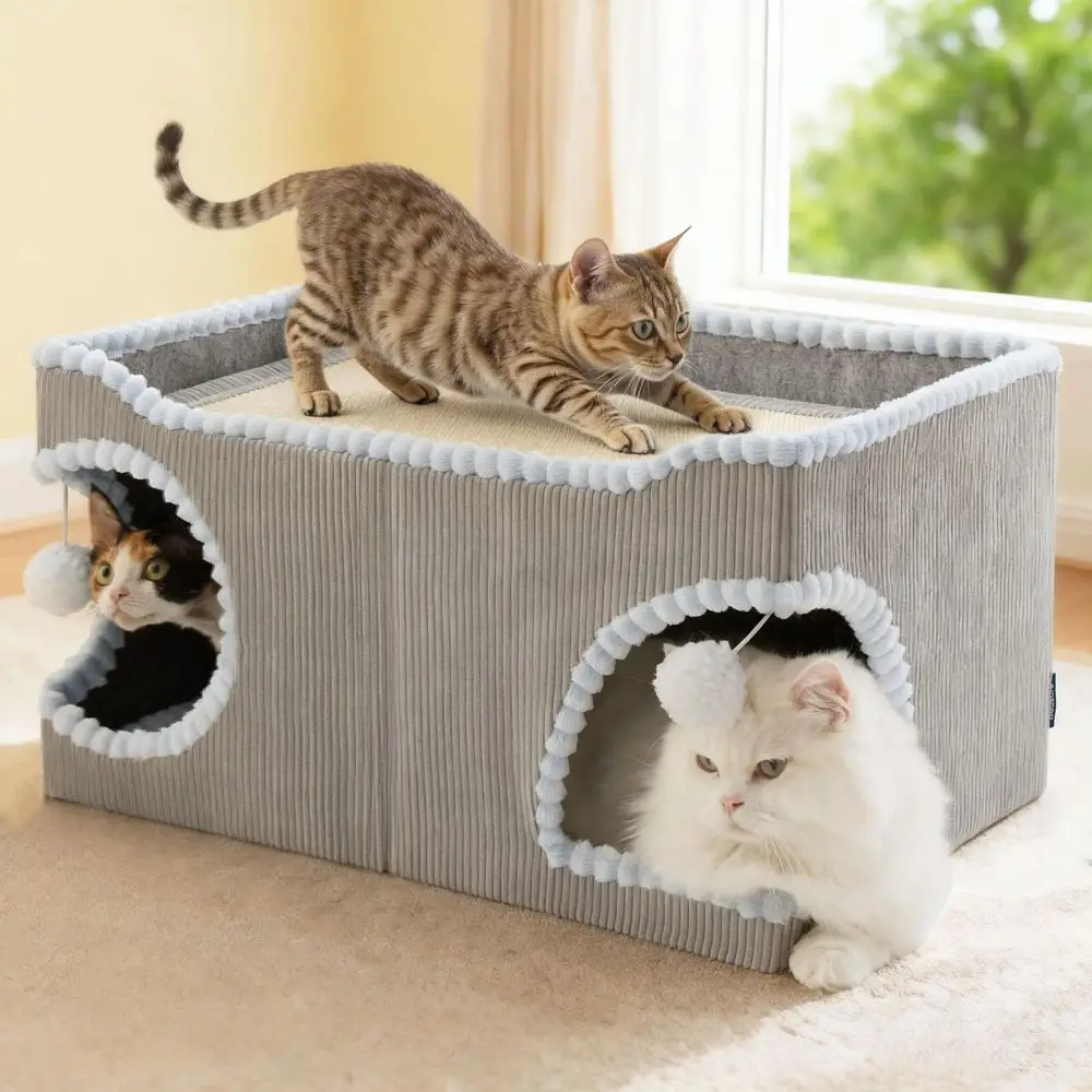 

Large Cat Beds for Indoor Cats Extra Wide Cat House with Scratch Removable Top Sisal Pad for Multi Cats, Foldable Cave Hideaway
