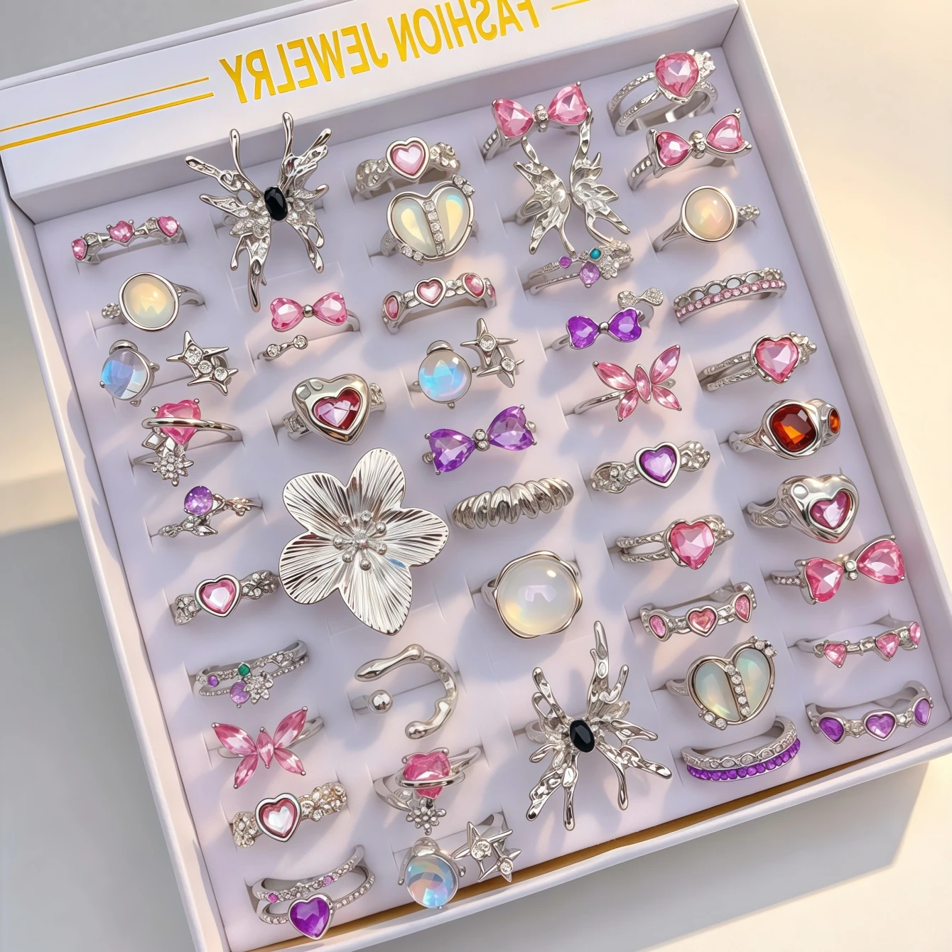 8/15/25/35/50Pieces Fashion Flowers Butterfly Heart Love Open Rings Set For Women Mix Style Trendy Geometry Daily Jewelry Party