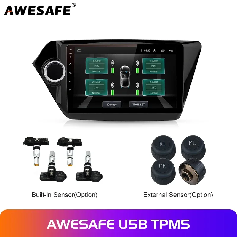 AWESAFE USB Tire Pressure Monitoring Alarm System TPMS With 4 Internal Sensors for Car DVD Player Navigation Car Accessories