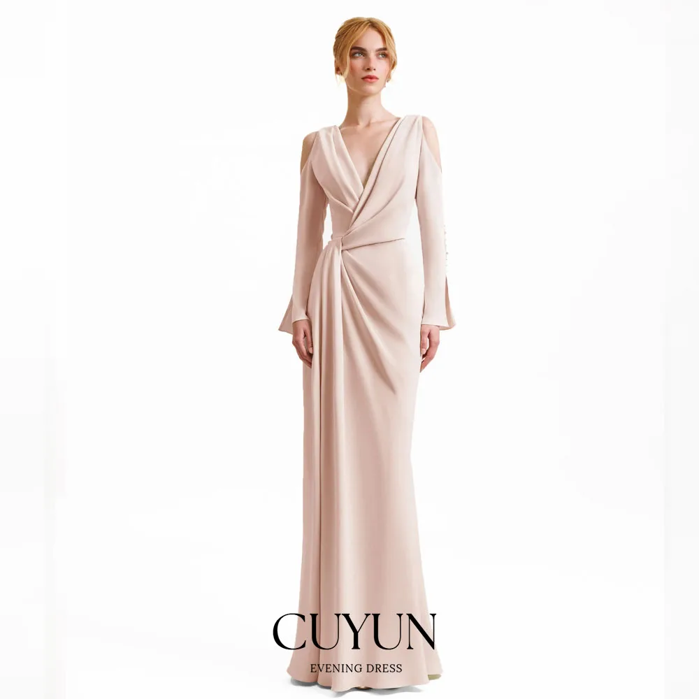 

CUYUN Customized Pink V-Neck Long Sleeves Evening Gown Backless Floor-Length Women Party Gown Draped Formal Event Dresses 2026