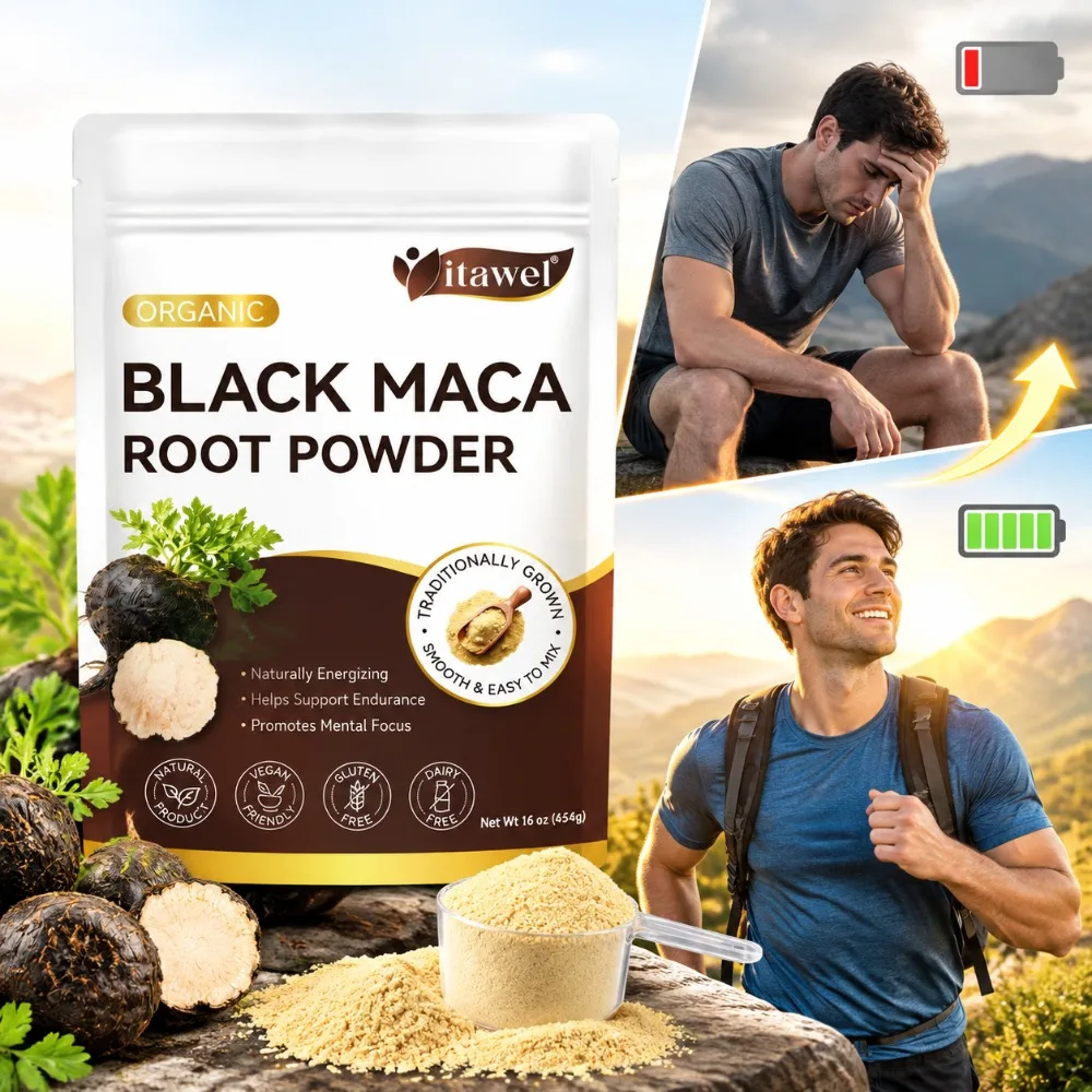 Organic Black Maca Root Powder for Maintain Energy, Endurance & Overall Vitality, Promotes Mental Focus Vegan Easy To Mix 454g