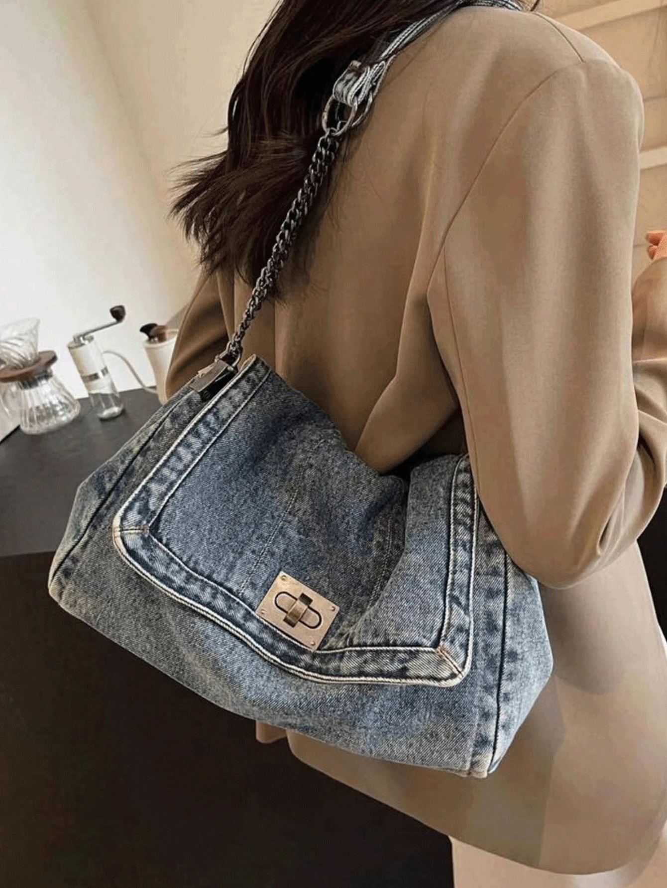 Retro Casual Denim Damen Tasche Neue Senior Kette Umhängetasche Große Kapazität Pendler Einkaufstasche – Detail 6