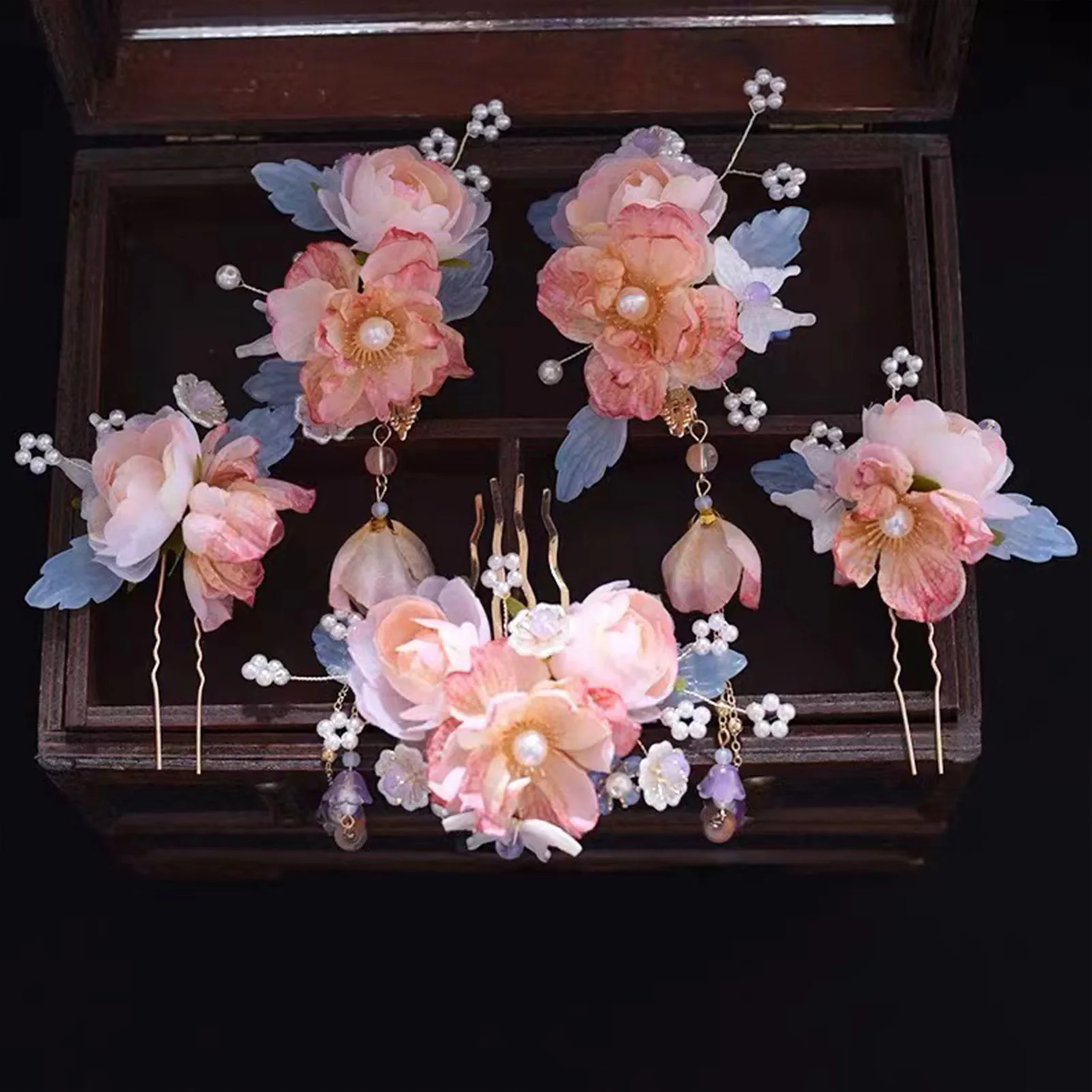 Vintage Hair Stick Earring Chinese Jewelry Sets For Women Floral Tassel Pearl Hair Clip Hairpin Fairy Tiaras Wedding Accessories