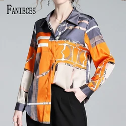 S-4XL Luxury Brand Design Women Shirts Spring Fall Long Sleeve Orange Print Female Shirt Elegant Fashion Lady Tops Satin Blouses