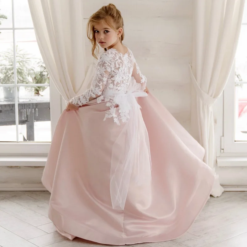 White Pink Flower Girl Dresses Satin White Appliques With Bow Long Sleeve For Wedding Birthday Party First Communion Gowns