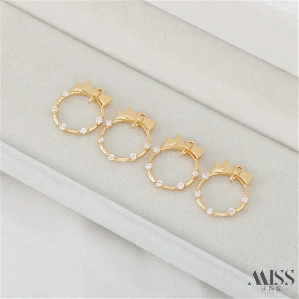 14K Gold-wrapped Bow Zircon Ring Wreath Pendant Christmas DIY Pearl Necklace Ear Hanging Jewelry Accessories