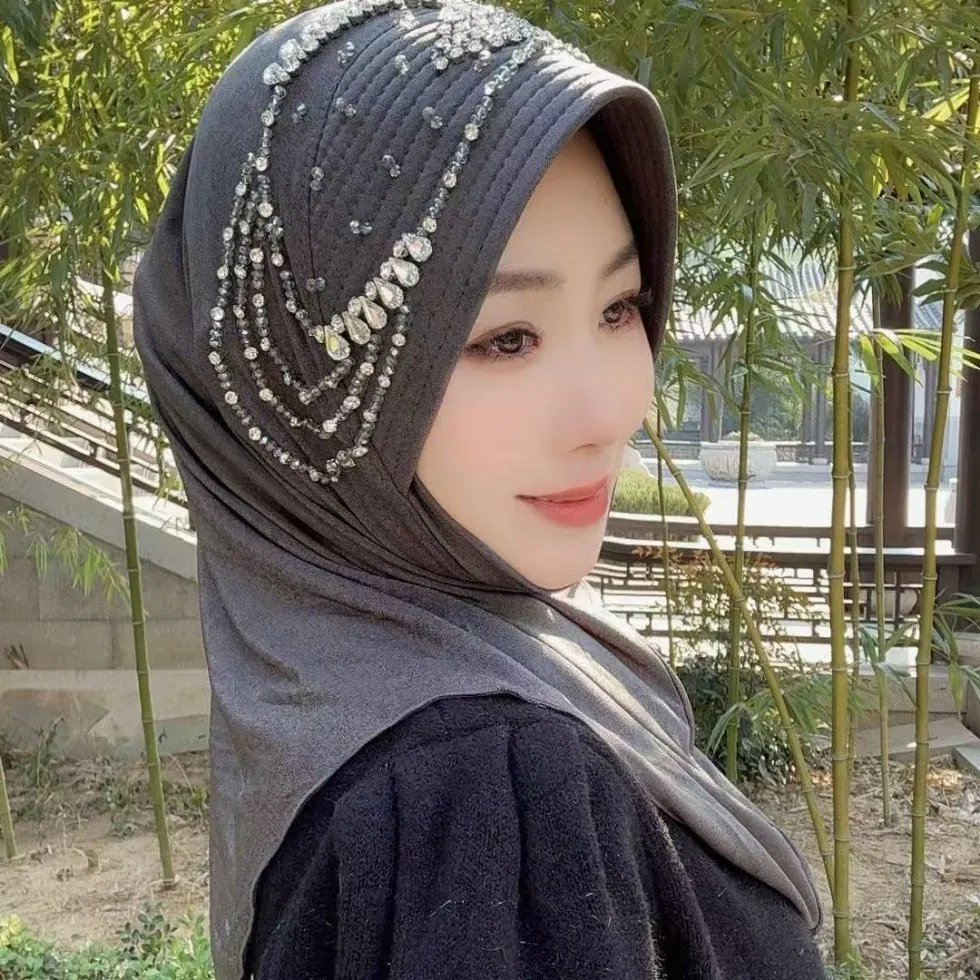 

Fashion Muslim Hat Hijabs Black Ethnic Caps Sponge Brim Luxury Hats Scarf for Africa Women Headscarf Diamond Islam Hijabs