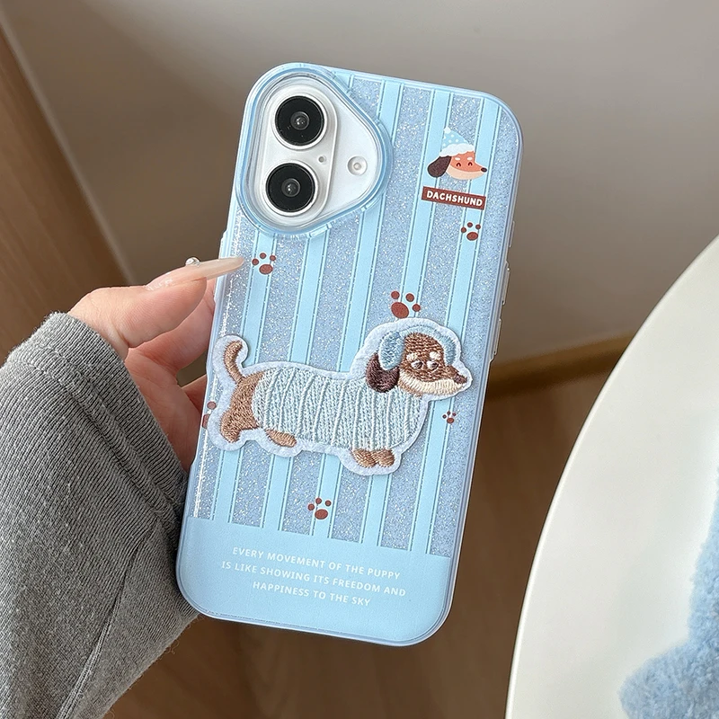 Cute Embroidered Puppy Glitter Bling Case For iPhone 16 15 13 14 Pro Max Hard Silicone Shockproof Phone Back Cover