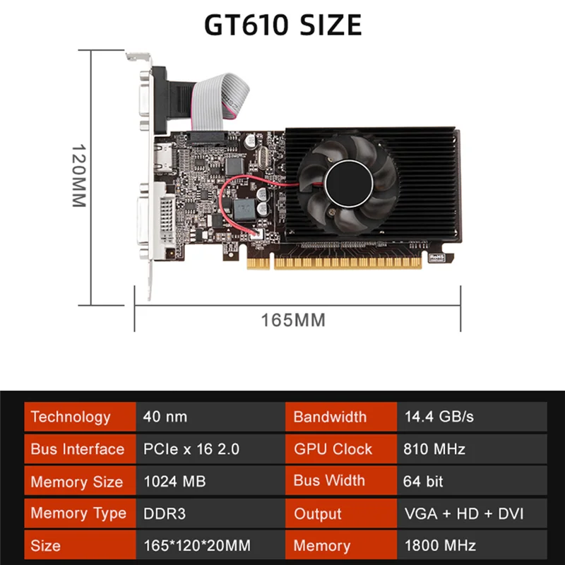 GT610 1GB DDR3 그래픽 카드, VGA, HD, DVI 비디오 카드, 810 MHz, 1800 MHz, 64 비트, 40 Nm