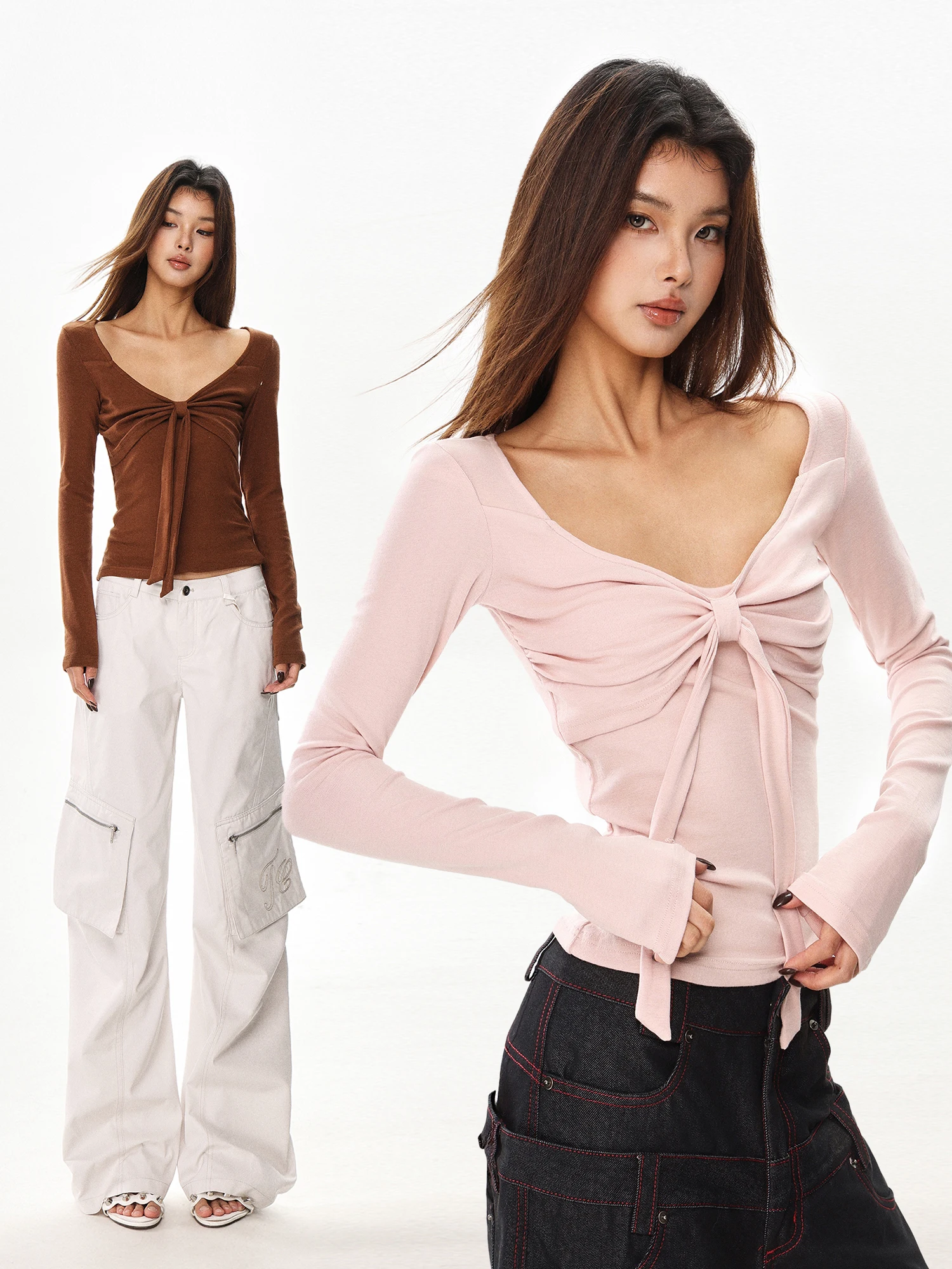 

Pure Desire Knot Short Sleeve Slim Fit Long Sleeve V-Neck T-Shirt Women's Spring Design Sense Base Shirt Folded