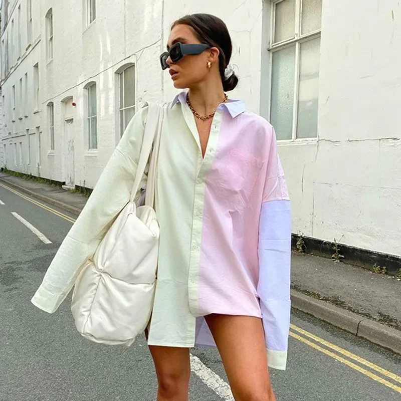 

Women's Loose Shirt Patchwork Contrast Shirt Street Dress Plus Size Women