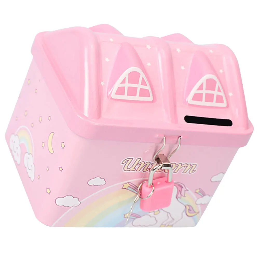 집 모양 만화 금속 저금통 자물쇠 어린이 소녀 돈 저금통 동전 항아리 방 장식 소녀용 저금통