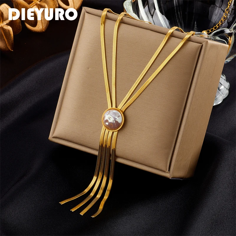 DIEYURO 316L Stainless Steel Gold Color 2-Layer Pearl Tassel Necklace For Women Fashion Girls Clavicle Chain Party Jewelry Gift