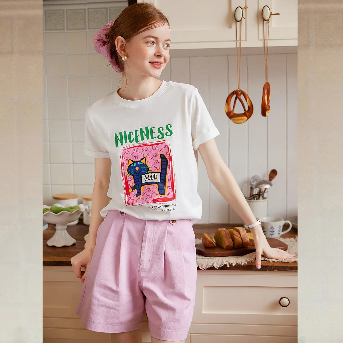LOUIS YAO Printed T-shirt 2025 Summer Casual Cotton Cat Pattern Short Sleeve Loose Round Neck Women's T-shirt Versatile Top