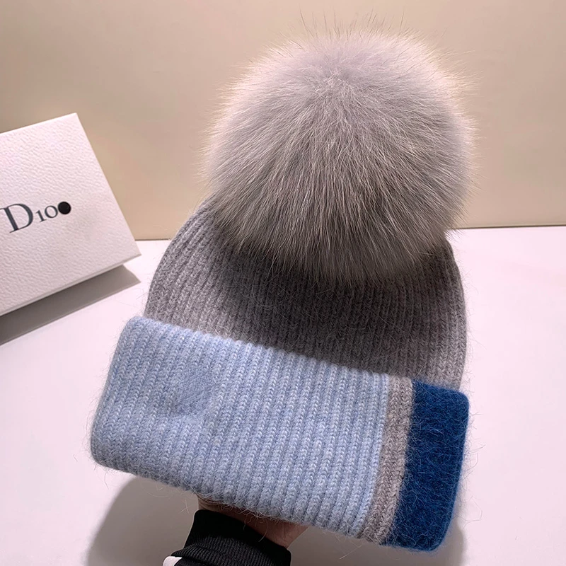 Real Fur Winter Hat Women Wool Cap Cashmere Angola Fur Pom Pom Hat Brand Thick Women Hat Girls Caps Knitted Beanies