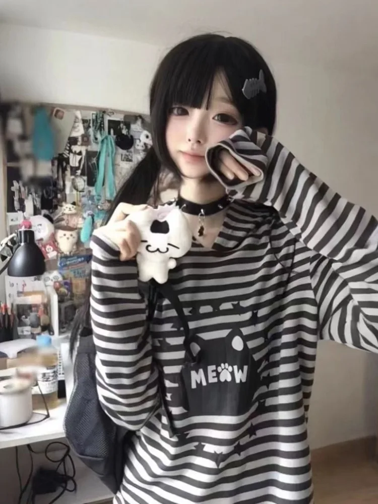 Japanese Sweet Cute Y2k Harajuku Hoodie Anime Cartoon Print Hooded Tops Loose Striped T-shirt Long Sleeve Streetwear Women Trend