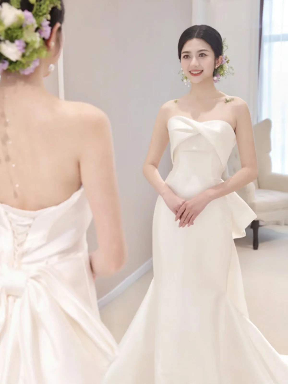 

Атласное свадебное платье Ele с дизайном в виде рыбьего хвоста без бретелек для свадебных торжеств и помолвок, для свадеб на открытом воздухе на лужайке