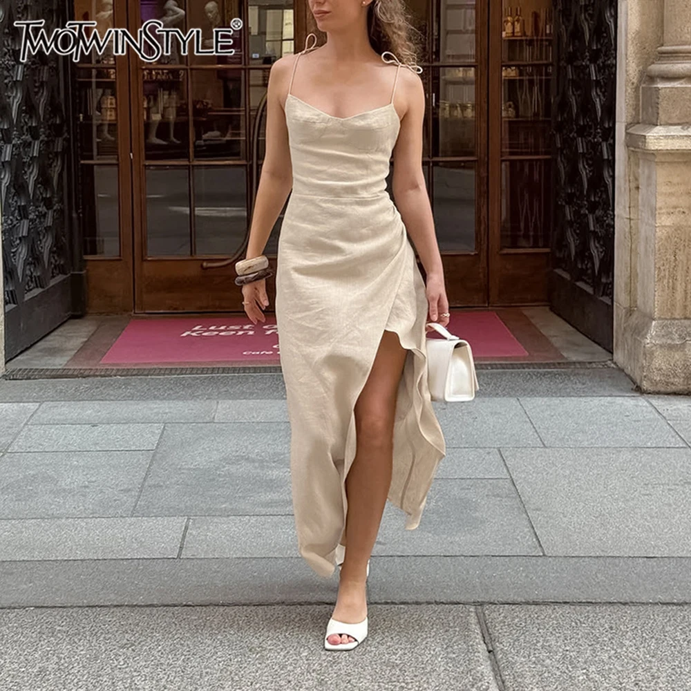 TWOTWINSTYLE Khaki Loose Spliced Folds Dress for Women Square Collar Sleeveless Vacation Casual Dresses Female Summer Fashion