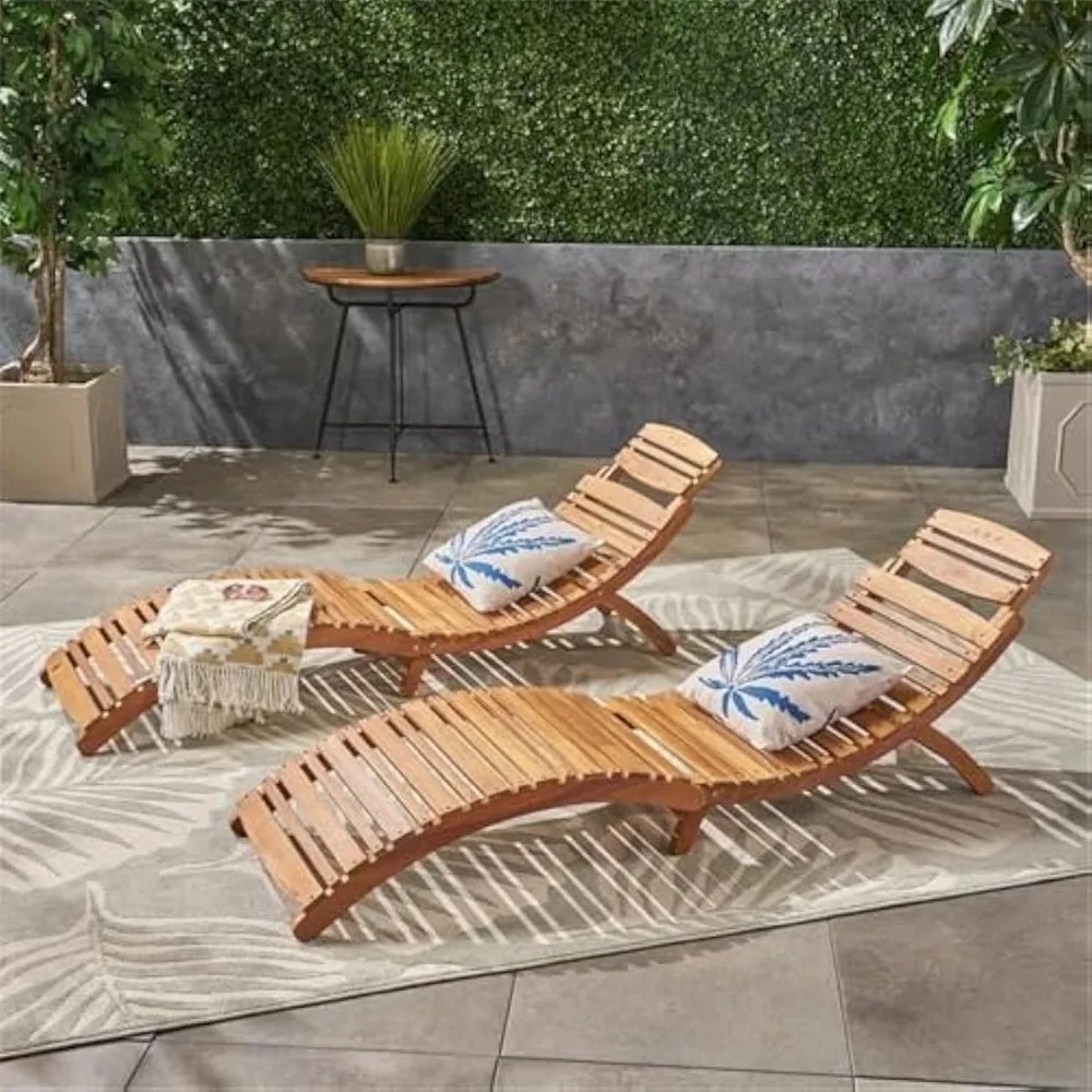 Wood Outdoor Chaise Lounge Set, 2-Pcs Set, Natural Yellow