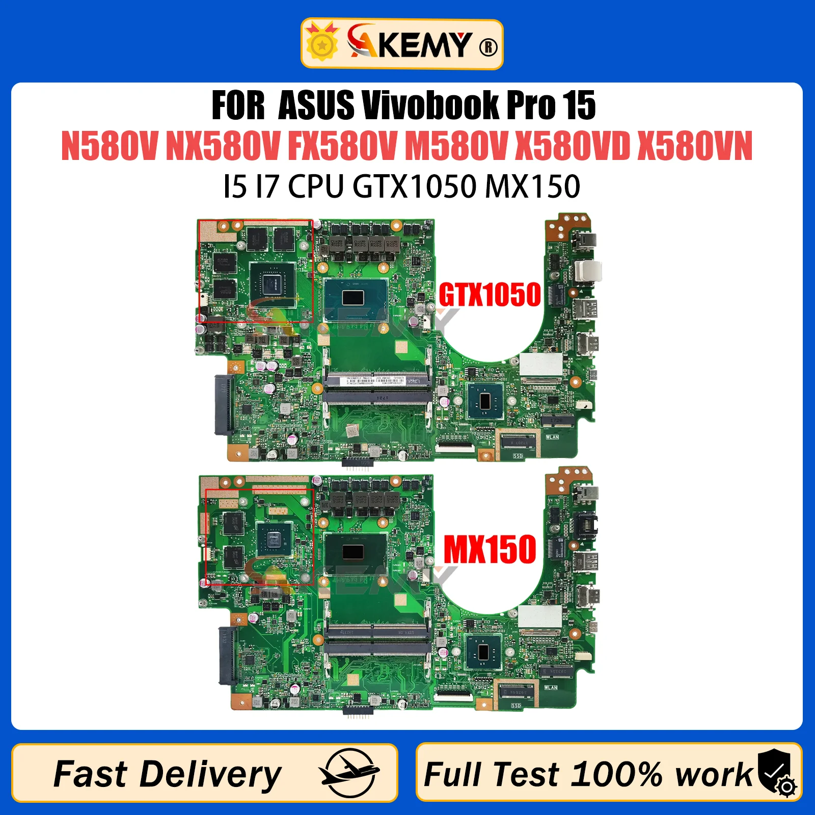 AKEMY For ASUS Vivobook Pro 15 X580VN X580VD N580V NX580V FX580V X580V Laptop Motherboard With i5-7300HQ i7-7700HQ MX150 TX1050