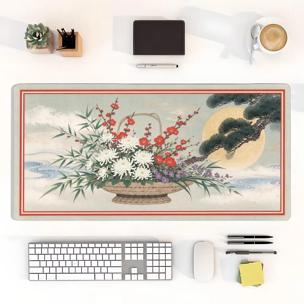 Japanese Tea Set Flower Arrangement Desk Mat Large Size Thick Rubber For Tea Room Home Decor
