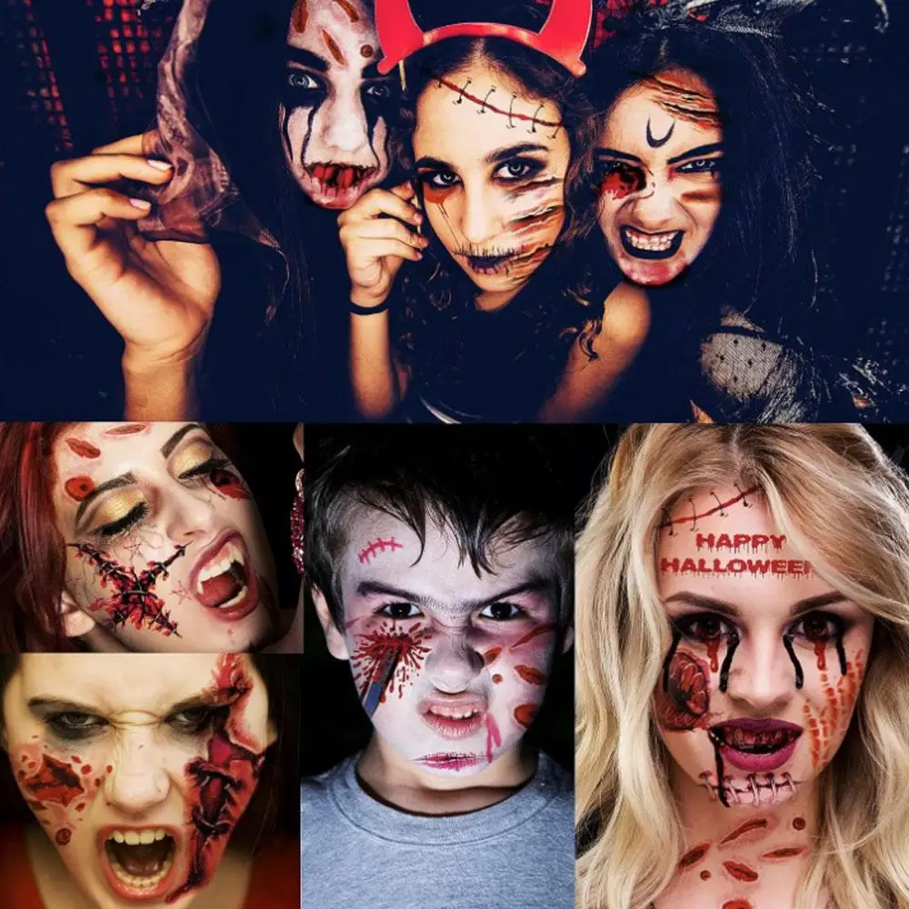 30Sheets Fake Scars Tattoos Temporary Chucky Zombie Makeup Realistic Halloween Face Stitch Scar Makeup Stickers Masquerade Prank