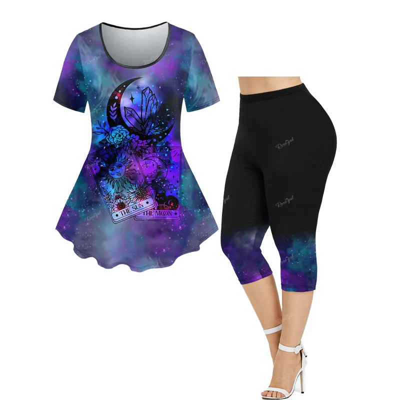 Plus Size Short Sleeves T-shirt And Pockets Capri Leggings Printed Outfit For Women Summer Top Or Midi Skinny Pants 6X