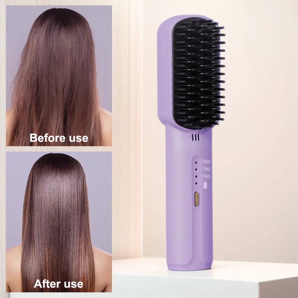 Cordless Electric Hot Comb Rechargeable Portable Straightening Brush Anti-Scald Hair Straightener Comb 3 Temp Settings for Women