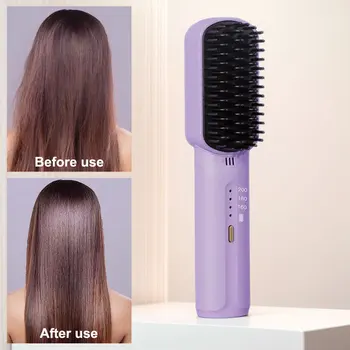 Image Cordless Electric Hot Comb Rechargeable Portable Straightening Brush Anti-Scald Hair Straightener Comb 3 Temp Settings for Women