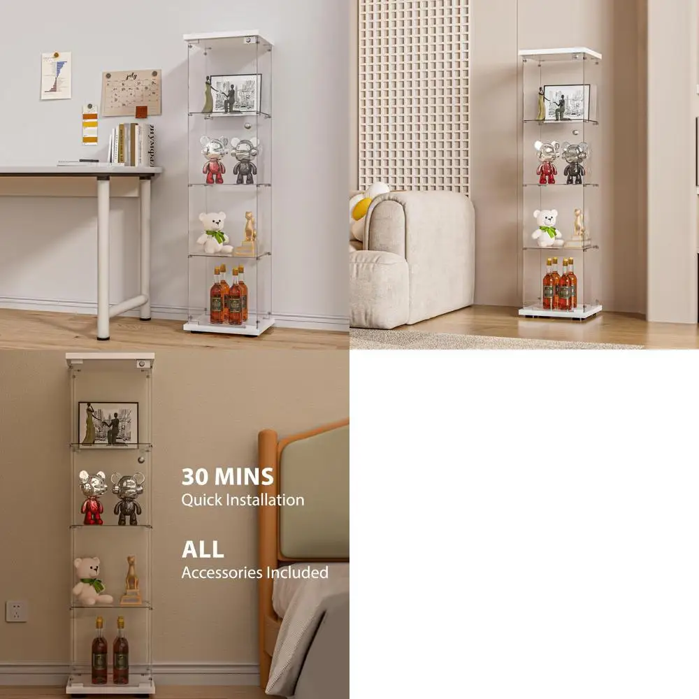 

Quick-Install 4-Shelf Glass Display Cabinet with Lock, 65 High, White for Living Room & Bedroom