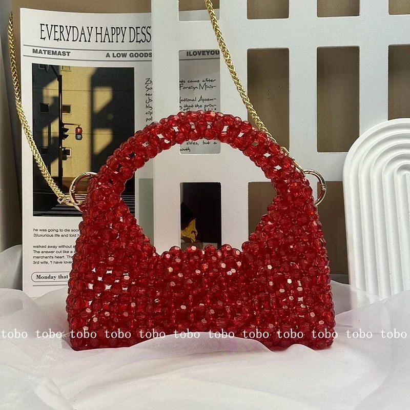 

Original Red Half Moon Handbags Homemade Beade Woven Ladies Long Chain Bags Versatile Casual Retro Designer Party Bag