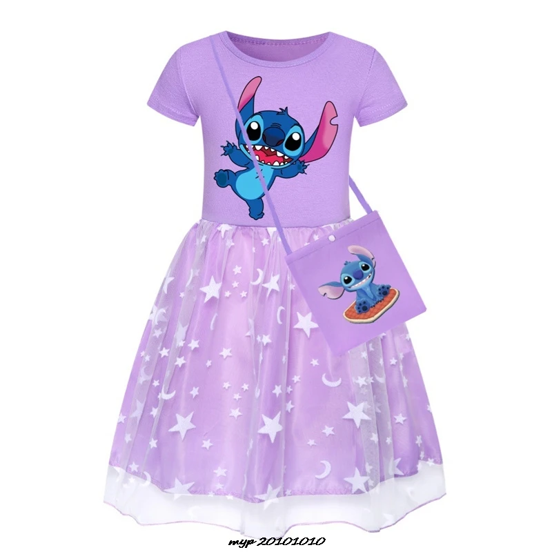 Abbigliamento per bambini Ragazze vestono Lilo e Stitch Summer Lace Cartoon Foreign Tide Borsa per abito a pieghe bella principessa per bambini