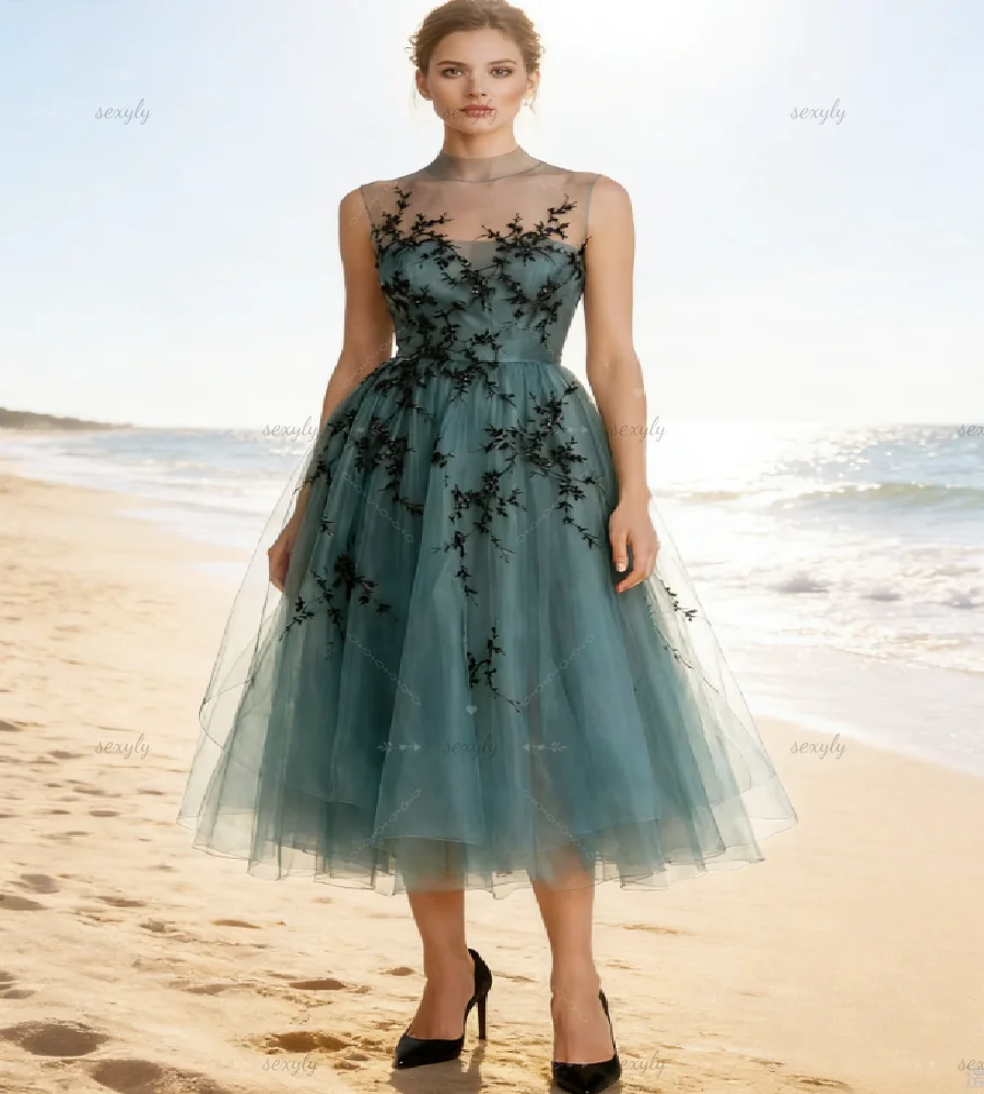 Pastel Teal Green Beach Wedding Dress 2026 Chic Sheer Neck Black Lace Tea Length Short Gothic Bridal Dress Civil Tulle Boho Boda