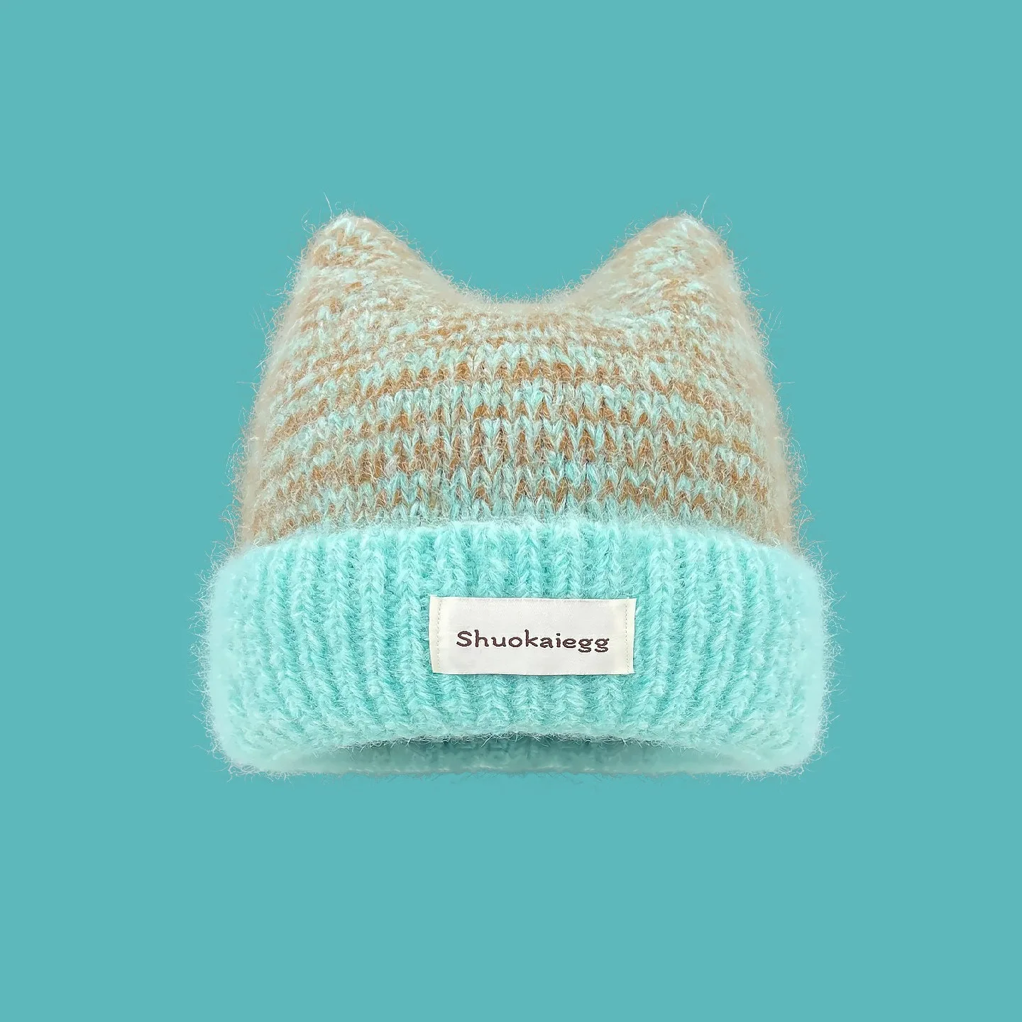 Women Winter Beanie Hat Cat Ear Gradient Knitted Warm Cap Label Patch Autumn Fuzzy Plush Cute Animal Casual Soft Skull Hat