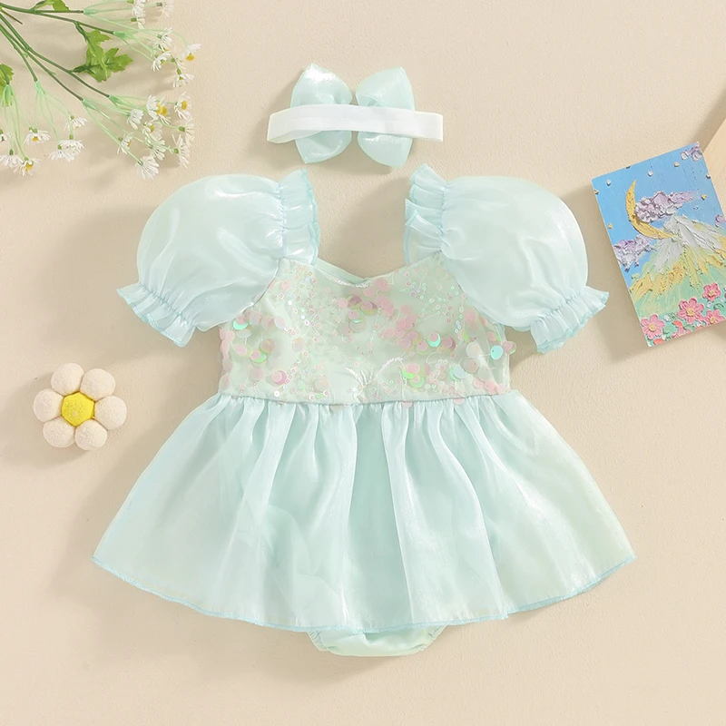 Baby Girls Princess Rompers Dress Sequins Short Sleeve Organza Skirt Hem Infant Bodysuits Summer Playsuits Clothes with Headband