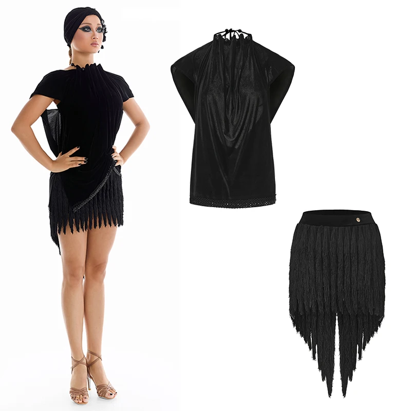 ラテンダンスルーズスモックバックレストップスLrregularタッセルスカート大人のパフォーマンス衣装チャチャルンバサンバラテンドレスDN22439