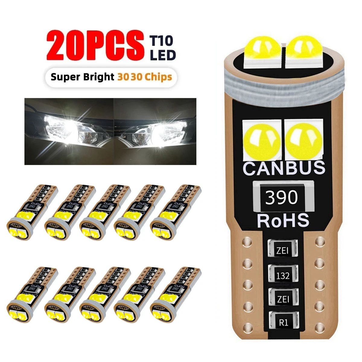 

20PCS T10 W5W LED Bulb Canbus Car Interior Dome Door Glove Box Trunk License Plate Lights 12V 6SMD 600LM 6500K White
