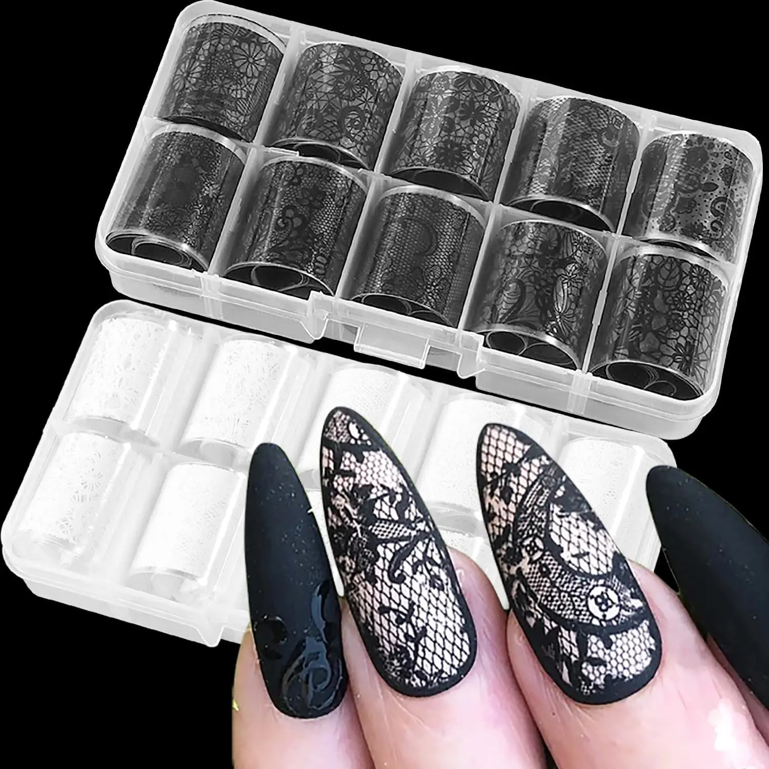 

20 Rolls Black & White Lace Nail Foils - Flower Pattern Holographic Decals for DIY Acrylic Nails