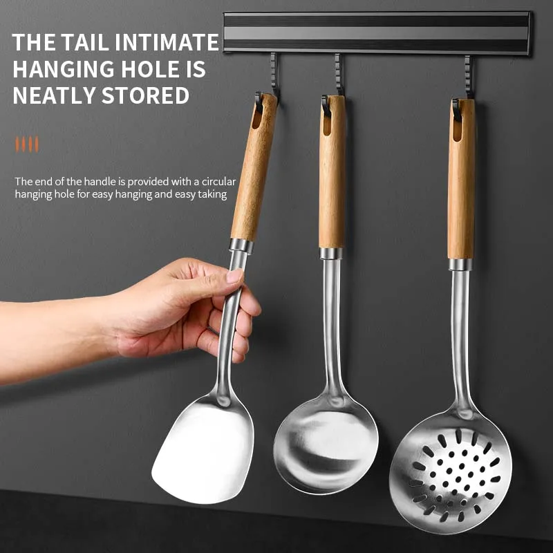 High quality kitchen stainless steel cookware Wooden handle spatula soup spoon colander cookware set