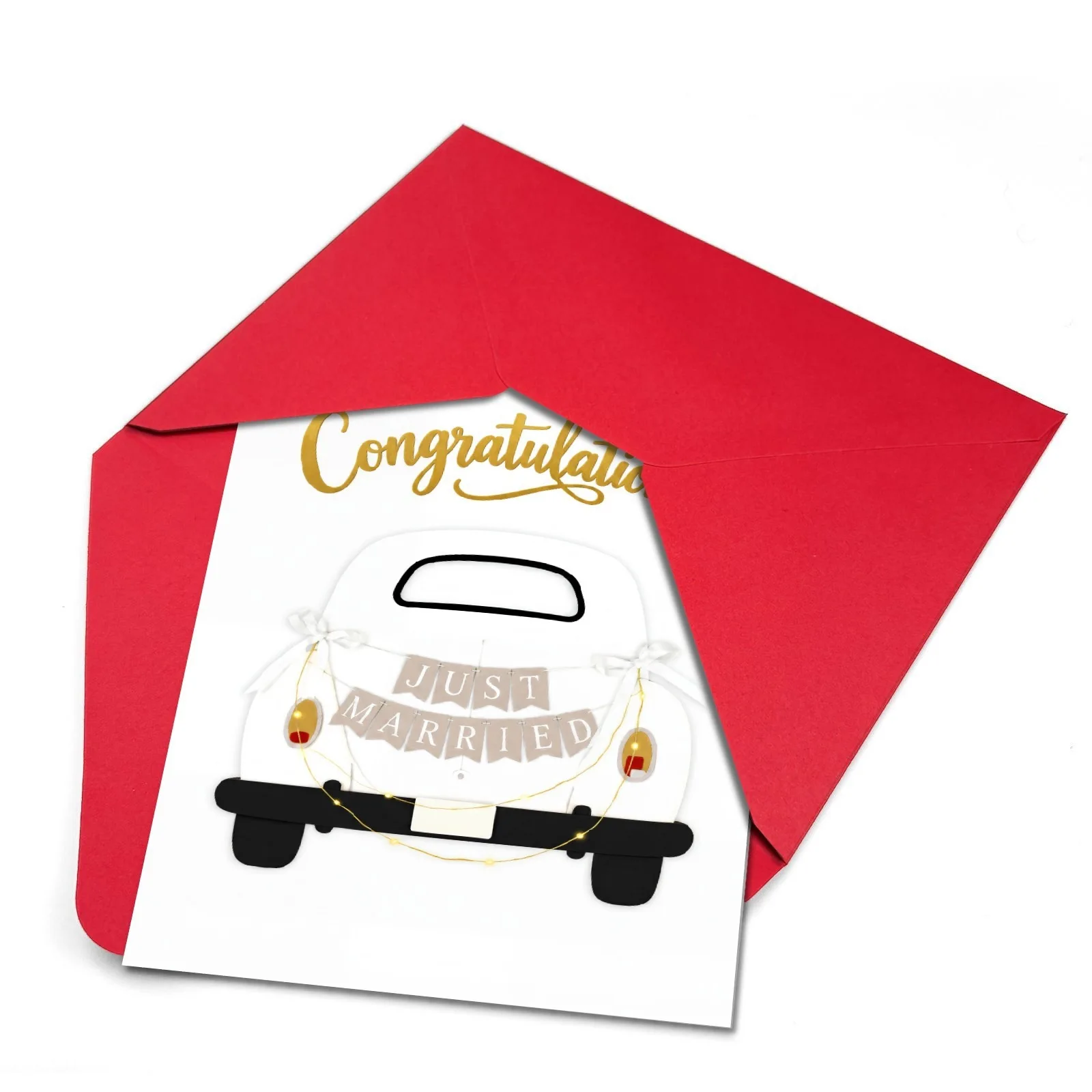 Gold Foil Just Married Wedding Car Greeting Card Congratulations Text Cute Newlywed Car Pattern Wedding Wish Card For Couple Gif