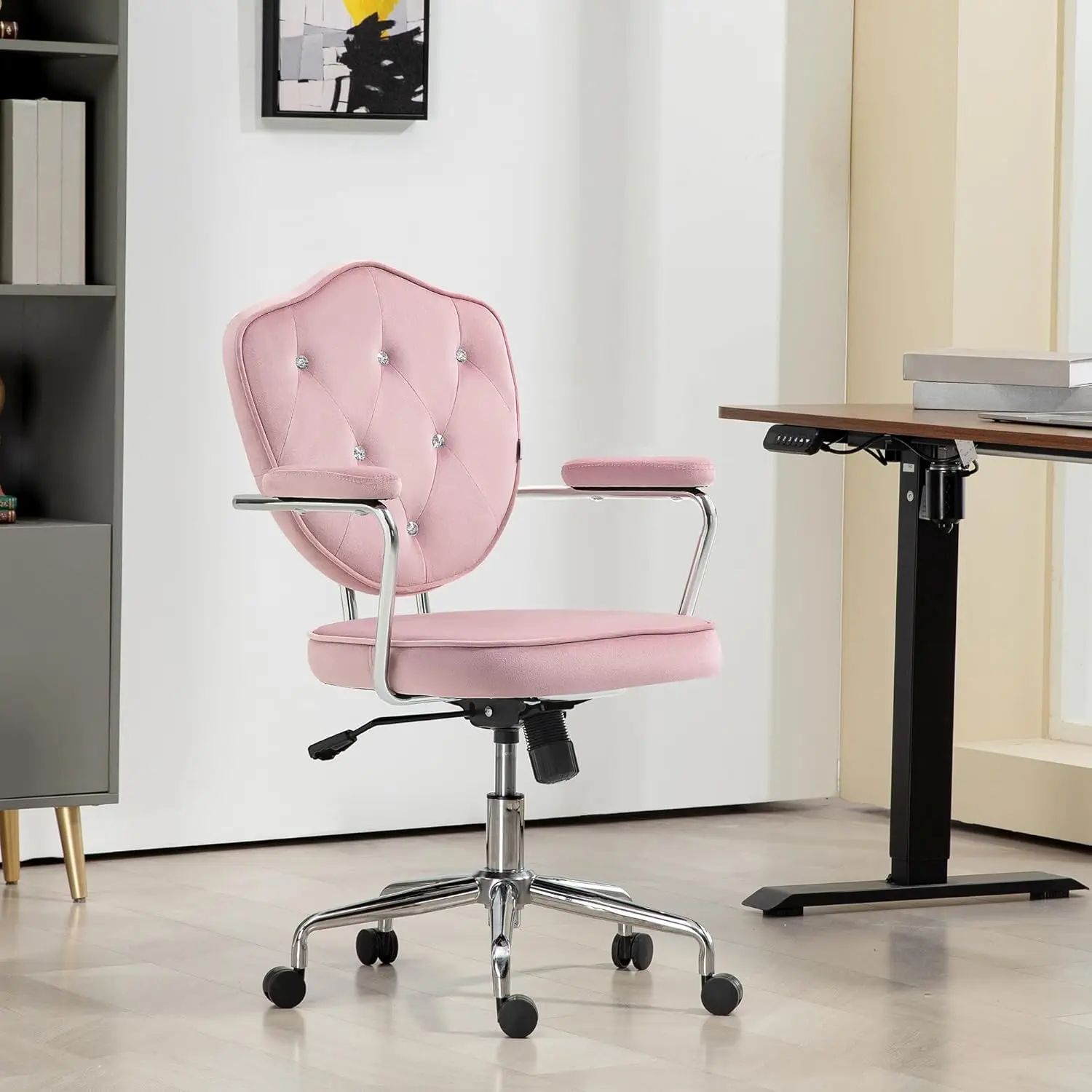 Cute Home Office Chair, Computer Desk Chair With Button Tufted Velvet-Feel Fabric, Swivel Vanity Chair, Pink