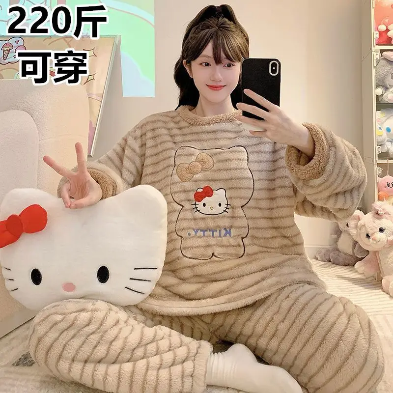 Sanrio menina casa wear microvilli olá kitty kawaii dos desenhos animados estudante casual outono e inverno em torno do pescoço loungewear conjunto novo estilo