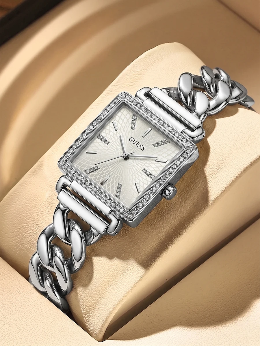 Reloj de Cuarzo Elegante para Mujer Guess W1030L1, Brazalete de Acero Inoxidable Plateado, Esfera Cuadrada Pequeña, Reloj de Moda Minimalista con Pedrería