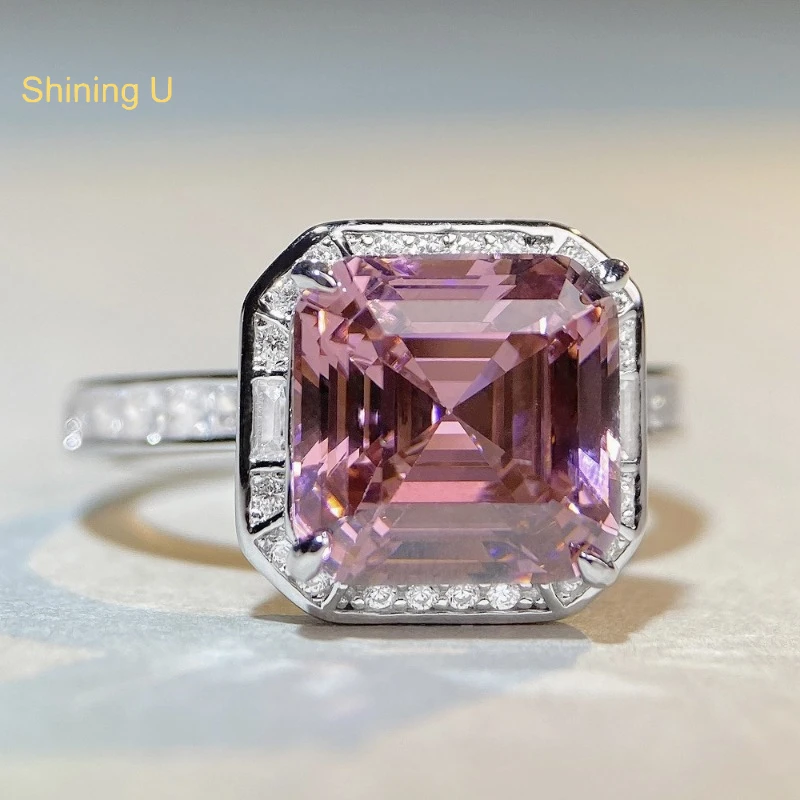 

Shining U S925 Silver Square Pink Gems 5ct High Carbon Diamond Ring for Women Fine Jewelry Engagement