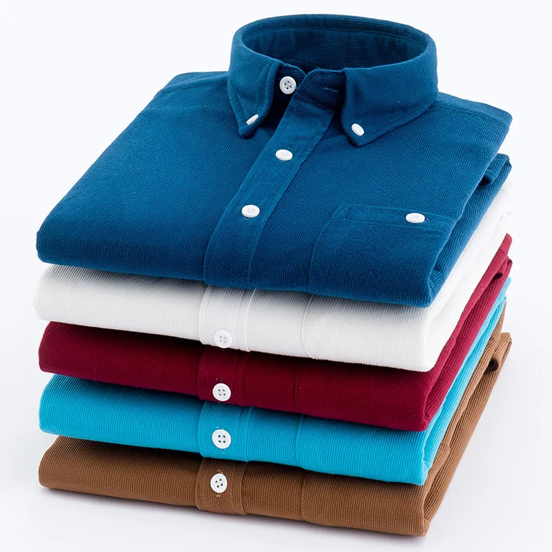 Fashion Corduroy Men's Shirt Autumn Winter Business Slim Long-sleeved Plain Shirt Thickened Warm Solid Color Buttons Lapel Top