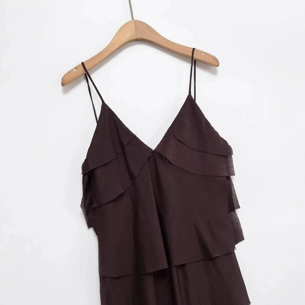 Printkaair elegante sexy vestido feminino marrom em camadas babados com decote em v assimétrico vestido longo nova moda verão férias praia vestido