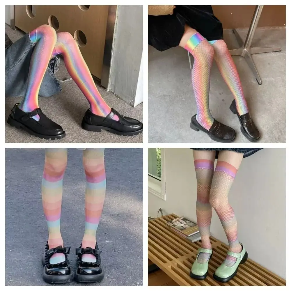 New Spice Girl Rainbow Fishnet Stockings For Girls Female Thin Coforful Mesh Stockings Fashion Tights Gradient Color Socks