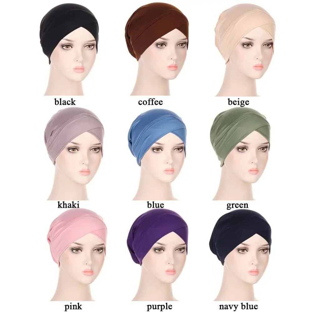 Ladies Turban Hat Muslim Pleated Indian Inner Hijabs Sleep Cap Solid Color Head Wrap Women Bandana Headwear Boonet