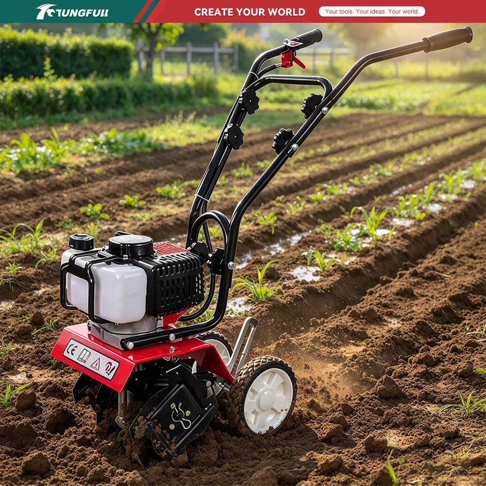 2-Stroke Portable Garden Tiller Petrol Rotary Cultivator Mini Handheld Soil Tiller for Farm Planting Weeding